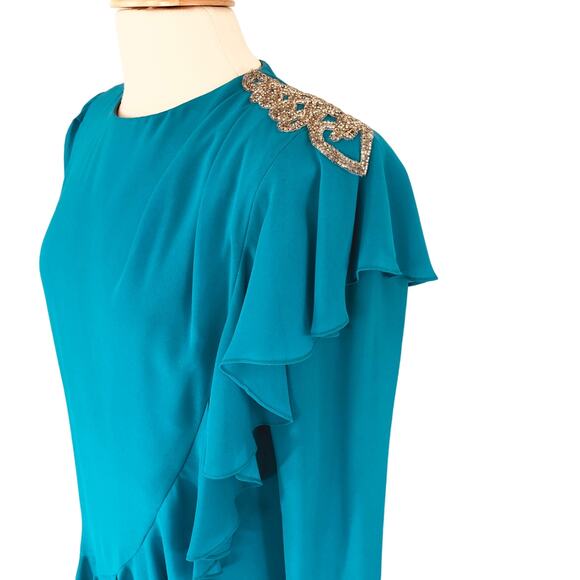 Ursula Mother of Bride Chiffon Midi Shift Dress Jewel Neck Long Sleeves Size 12 - Picture 3 of 8